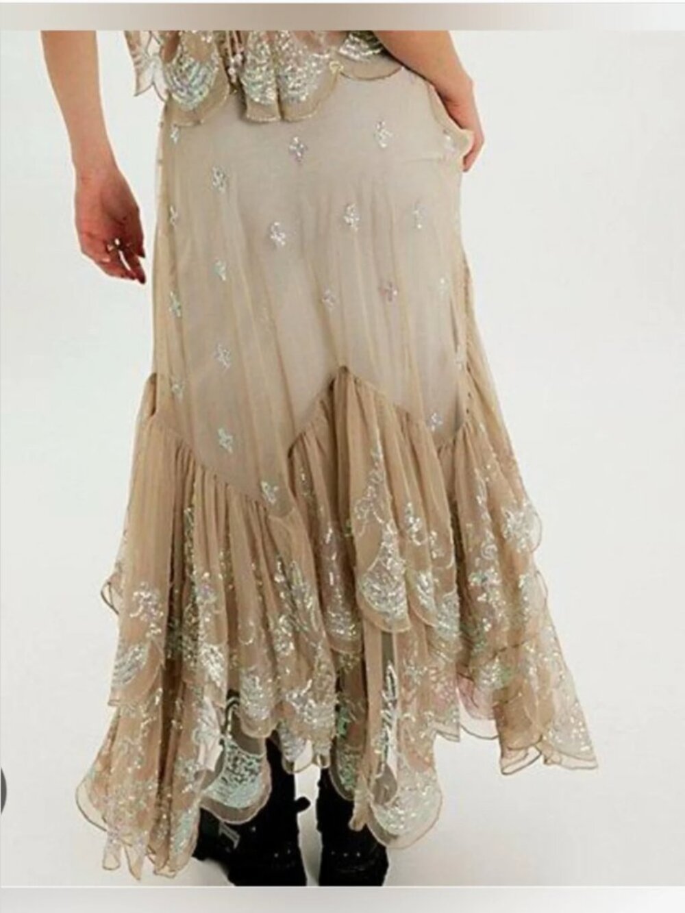 Free People Ciara Shimmer Sequence Tan Maxi Midi Ling Skirt size XS. Out Of Sale